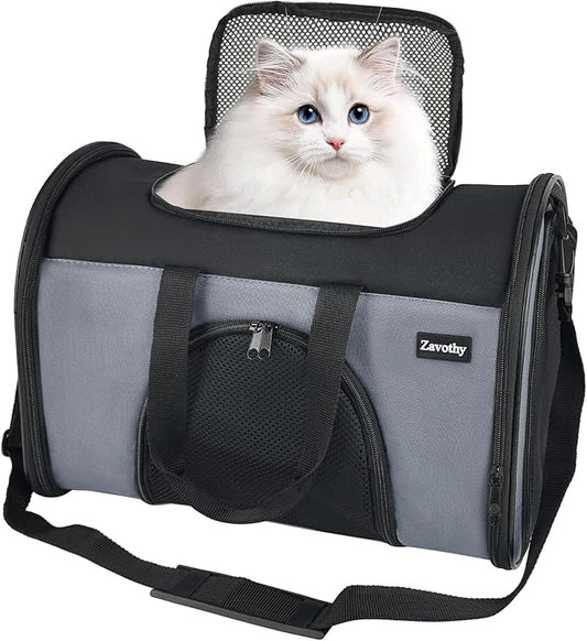 Zavothy TSA Airline Approved Soft-Sided Pet Carrier for Small to Medium Cats and Puppies, Up to 15 Lbs – Collapsible Travel Carrier for Dogs & Cats, Grey