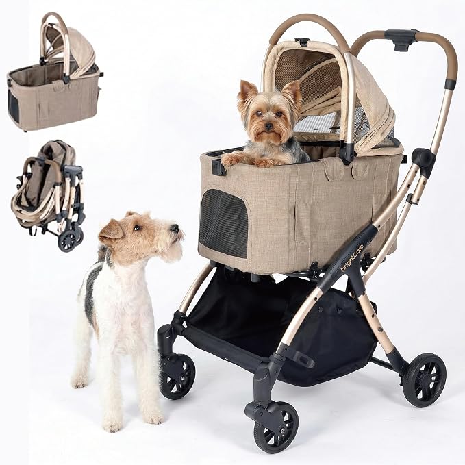 Auto-Folding Pet Stroller with Detachable Carrier, One-Hand Fold Frame & Carrier, Supports up to 33 lbs, Beige