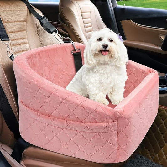 NEEZUKAR Dog Car Seat for Small Medium Dogs,Detachable Washable Dog Booster Seat Under 30lbs, Pet Car Seats Travel Bed with Storage Pockets and Safety Belt(Pink)