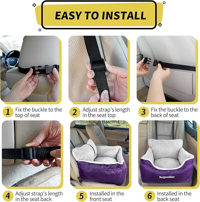 BurgeonNest Dog Car Seat for Small Dogs, Fully Detachable and Washable Cat Carseats Under 25 lbs, Soft Pet Booster Seats with Storage Pockets Clip-On Leash Portable Travel Carrier Bed, Purple