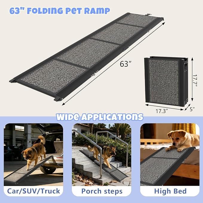 Dog Ramp for Car, Truck, 63"x17" Folding Non-Slip Pet Ramp for Large Dogs | Non-Slip Rug Surface, 250LBS Capacity, Easy to Carry & Storage, Foldable, Fits SUV/Truck, Joint-Friendly Gentle Slope