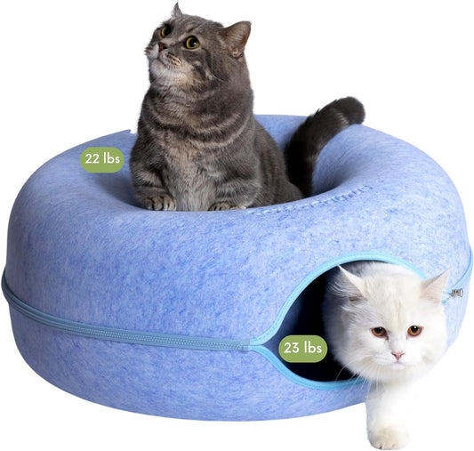 CATTASAURUS Peekaboo Cat Cave for Multiple & Large Cats Up to 30-45 Lbs, Scratch Detachable & Washable Tunnel Bed, Comfy Donut Cat Cave (Blue, Large)