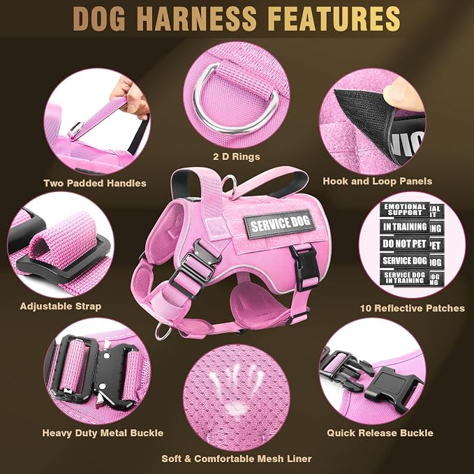 2X Metal Buckle Service Working MOLLE Dog Vest with 10 Pet Patches | Tactical Dog Harness for Medium Dog, No-pull Military Working Vest for Training Hunting Walking，2x D Rings for Leash Clip
