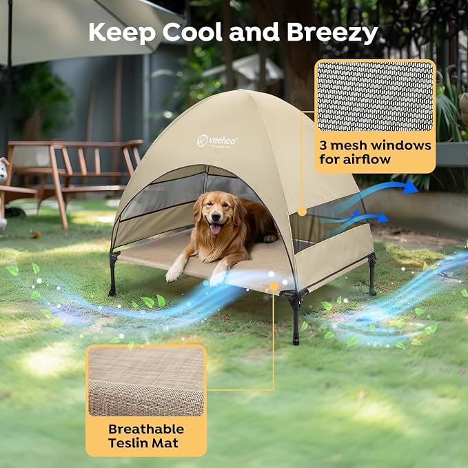 Veehoo Outdoor Dog Bed with Canopy, Cooling Elevated Dog Shade for Outside | Portable Raised Dog Cot with Removable Shade, Sun Protection Dog Tent Outdoor for Camping, Beach, 42" x 33.5", Beige Coffee