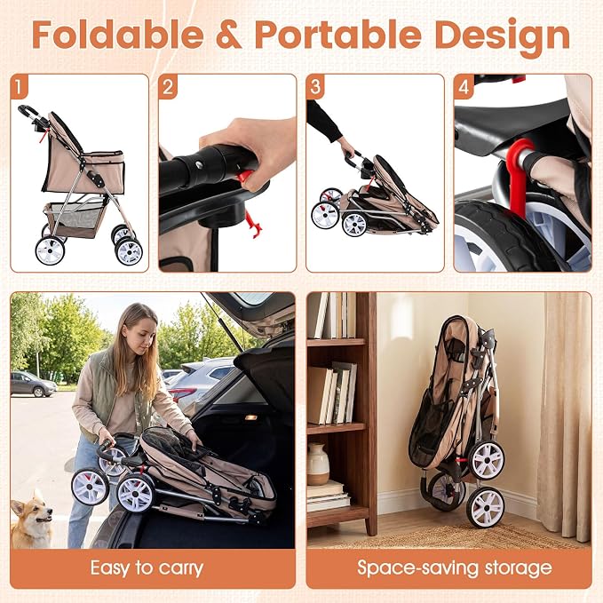 PETSITE 4 Wheels Pet Stroller, Foldable Dog Strollers for Small Dogs with Breathable Mesh, Waterproof Cover, Storage Basket, and Cup Holders, Ideal for Dogs Cats up to 33 lbs (Beige)