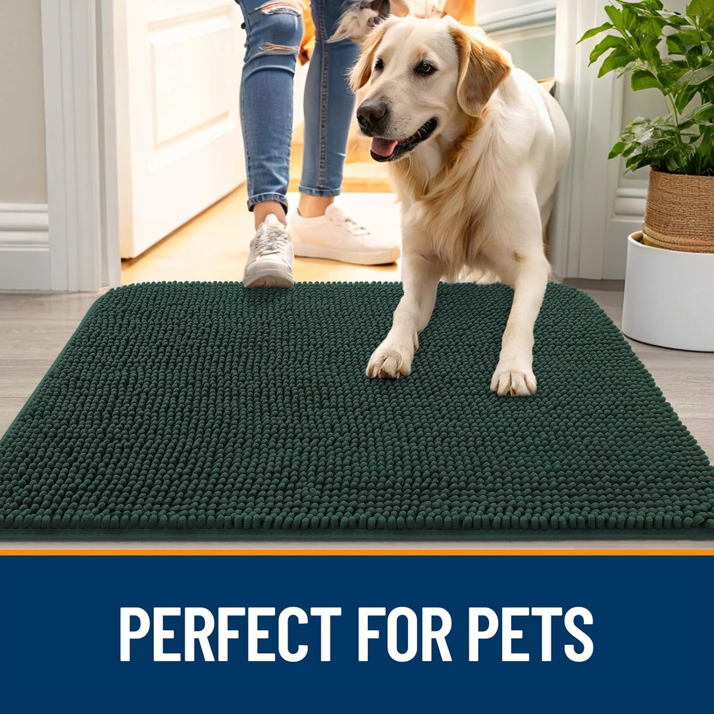OLANLY Dog Door Mat for Muddy Paws 47x32, Absorbs Moisture and Dirt, Absorbent Non-Slip Washable Doormat, Quick Dry Chenille Mud Mat, Entry Indoor Entryway Carpet for Inside Floor, Blackish Green