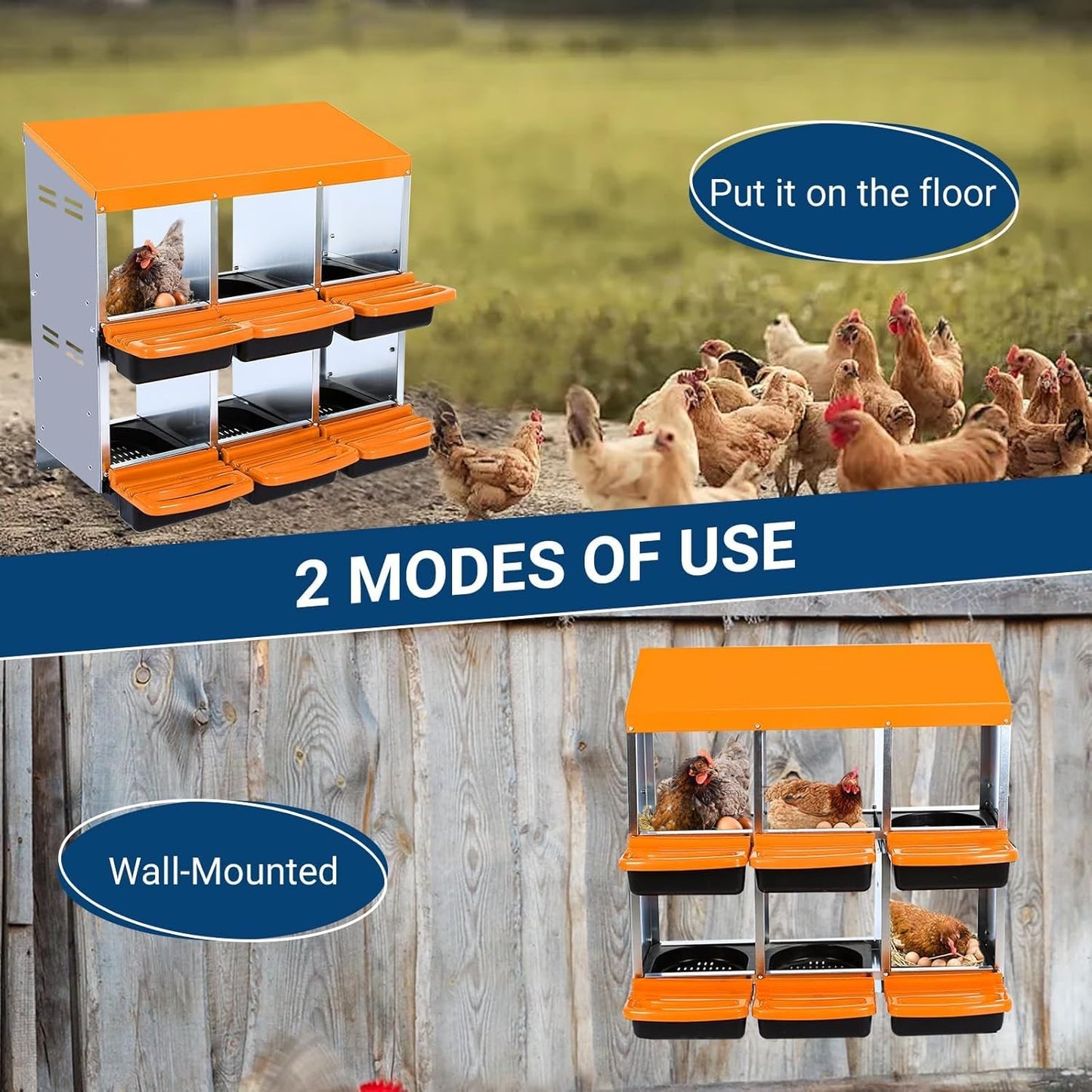 Chicken Nesting Boxes, 6 Hole Metal Chicken Laying Box with with Removable Trays and Roll Out Egg Collection for Chicken Coop, Orange