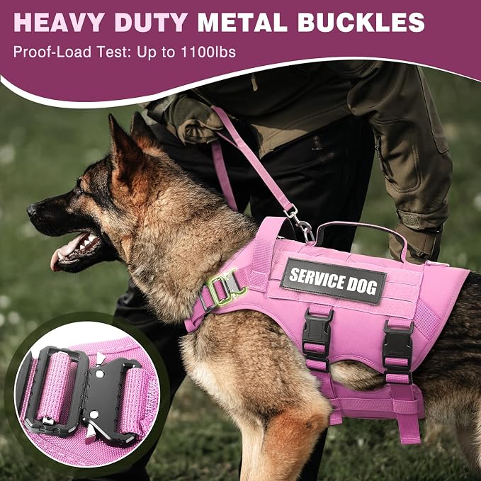 Tactical Dog Harness with Dog Leash, Service Working MOLLE Vest with 10 Pet Patches for Dog, No Pull Military Harness and Backpack for Training Hunting Walking