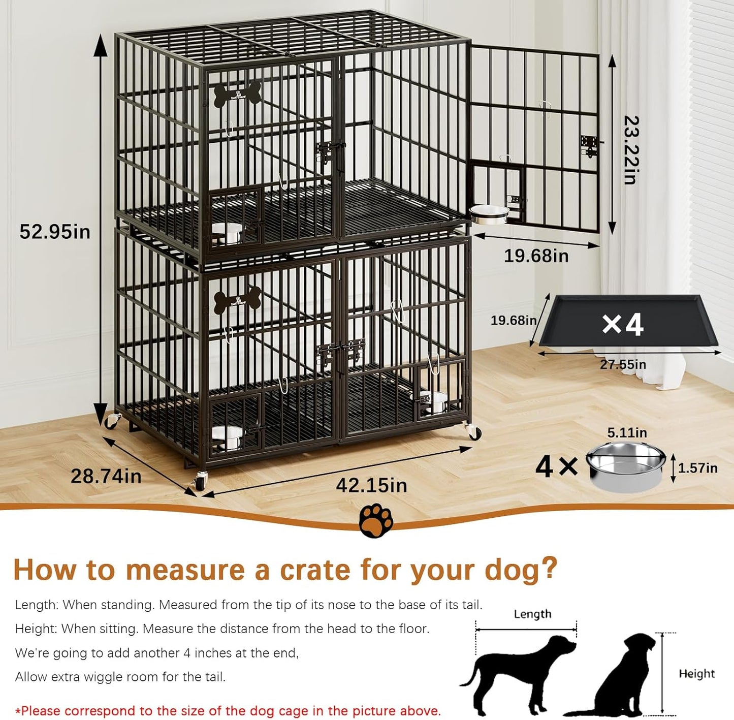 aboxoo 42 inch Stackable Heavy Duty Metal Dog Crate for 4 Dogs/Large Dog,All Metal Open Top Access,Escape Proof Cage,Dog Kennel Indoor with Wheels,Floor Grid, Tray, Divider and Feeding Bowl
