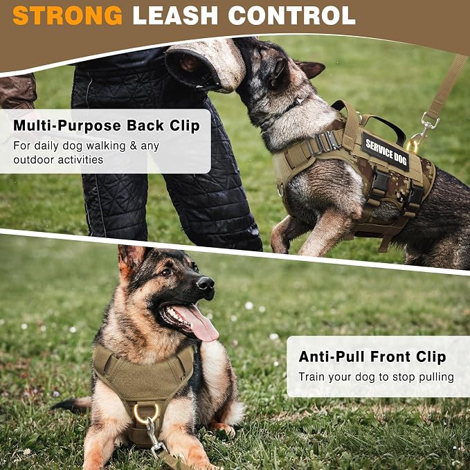 Tactical Dog Harness with Dog Leash, Service Working MOLLE Vest with 10 Pet Patches for Dog, No Pull Military Harness and Backpack for Training Hunting Walking