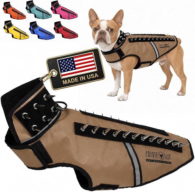 CoyoteVest SpikeVest Dog Harness, Made in the USA, M-Texas Tan | Stab-Resistant Protective Vest | Coyote Vest for Dogs | Defends Against Coyotes, Dogs, Birds of Prey | Reflective Safety