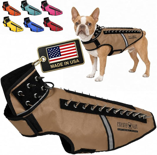 CoyoteVest SpikeVest Dog Harness, Made in the USA, M-Texas Tan | Stab-Resistant Protective Vest | Coyote Vest for Dogs | Defends Against Coyotes, Dogs, Birds of Prey | Reflective Safety