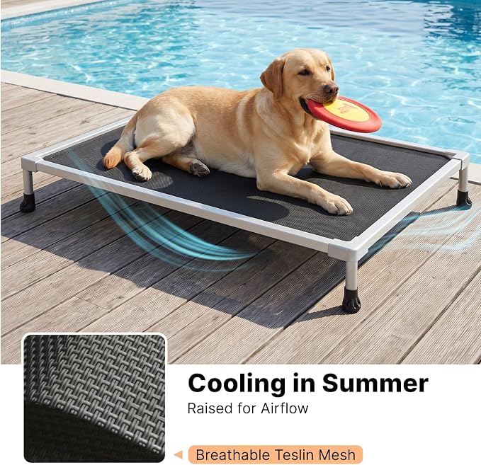 Veehoo Chew Proof Elevated Dog Bed, Silver Aluminum Dog Cot, Pre-Assembled | Cooling Raised Dog Bed for Large Dogs, Indestructible Dog Bed for Crate, Breathbale, Non-Slip Feet, Indoor Outdoor