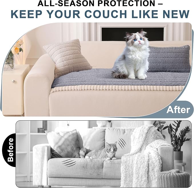 OTOB Couch Cover for Dogs Washable, Non Slip Plush Fuzzy Sofa Covers for 3 Cushion Couch All Seasons, Kids Pet Friendly Soft Cozy Furniture Protector Sofa Slipcovers (Light Gray, 27.6" x 82.7")