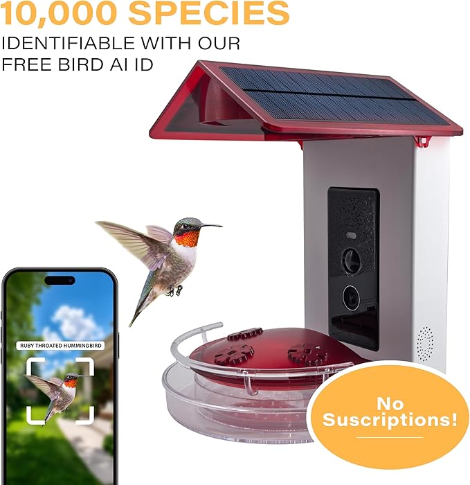 Quick Setup Smart Solar Hummingbird Feeder with Camera 1080P 2MP High-Def and WiFi AI Bird Identification Birdfeeder, Ant Guard Moat, Squirrel Alarm, Removeable Tray, Identifies 10,000+ Birds