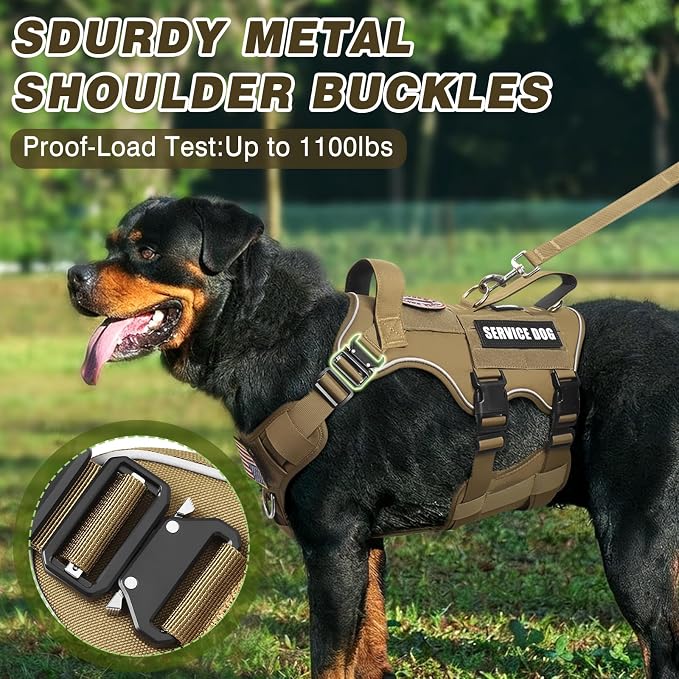 Tactical Dog Harness and Leash Set with Metal Buckles+10 Patches | Heavy Duty Service Dog Vest ,Adjustable Harness for Large Sized Dogs,No Pull Front Back Clips,for Training Hiking,Brown L