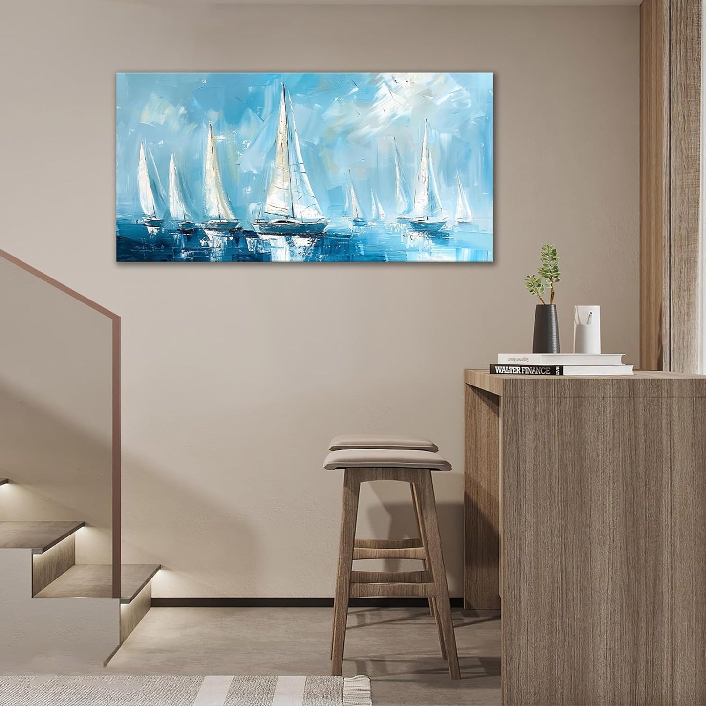 Large Blue and White Sailboat Wall Art Nautical Sails Canvas Living Room Ocean Pictures Framed Prints Oversize Wall Decor Painting Artwork for Bedroom Dining Office Home 60"x30"