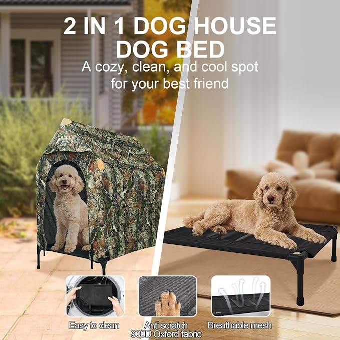 Large Dog House Outdoor - Weatherproof 2-in-1 Elevated Dog Bed Tent, Size S | 2-in-1 Elevated Dog Bed Tent, Weatherproof, Extra Large Dog House, Outdoor, Indoor