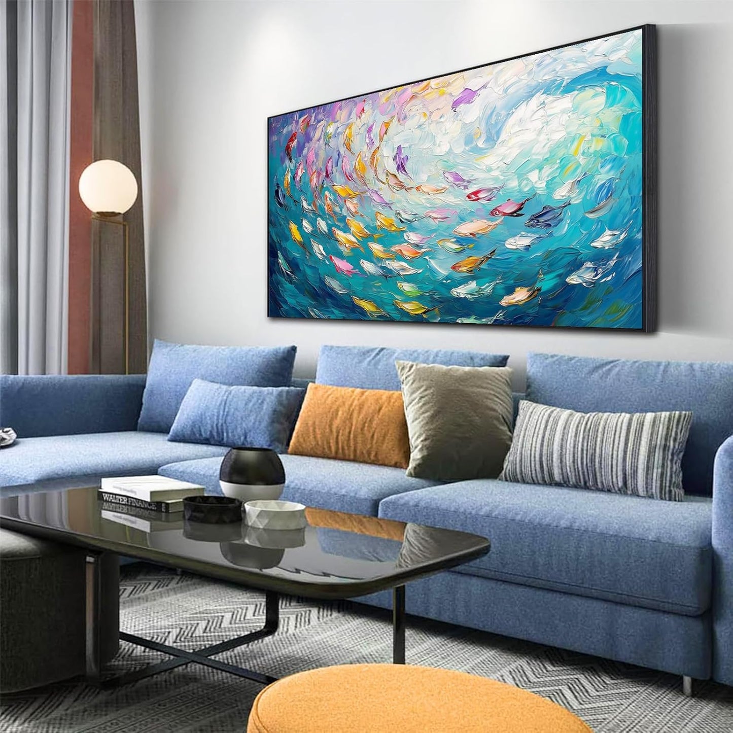 Fish Canvas Wall Art, Abstract School of Fish Canvas Wall Art, School of Fish Painting Canvas, School of Fish Wall Art, Fish Wall Decor, Fish Pictures Wall Decor, Bedroom Canvas Wall Decor (Black Framed, 23"x13" | 60x35cm)