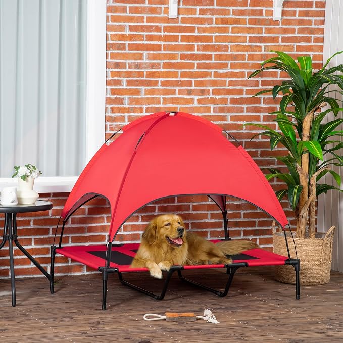 PawHut Elevated Dog Bed with Removable Canopy, Outdoor Dog Cot with UV Protection Canopy Shade, 48 inch Large Pet Bed for Camping, Red | Large Pet Bed, Outdoor Dog Cot, UV Protection Shade, Camping