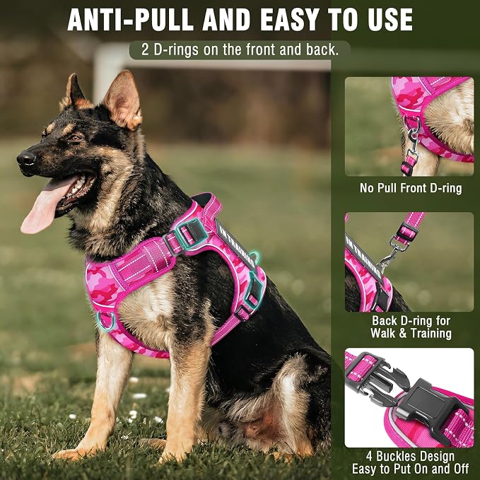 Tactical Dog Harness and Leash Set with 10 Patches for Large Dogs | Heavy Duty No Pull Service Dog Vest with Dog Seat Belt ,Adjustable Reflective Easy Walk for Training Hiking Camo Pink XL