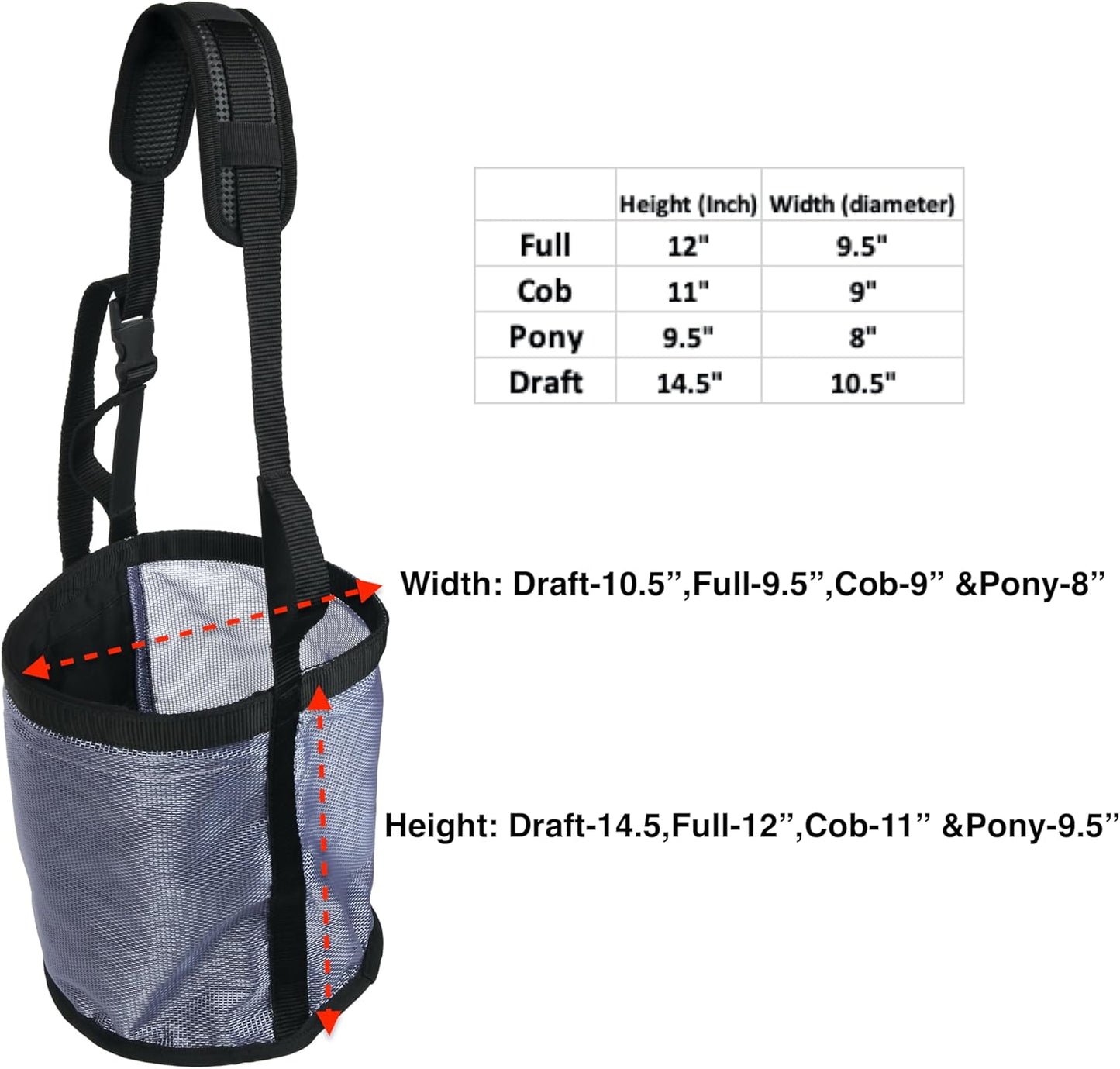 Majestic Ally Horse Feed Bag, Heavy Duty Nylon Mesh Grain Feed Bag, Adjustable Strap with Durable Snap and Elastic Straps, Comfort Neck Pad and Nose Pad- Large (Draft, Dark Gray)