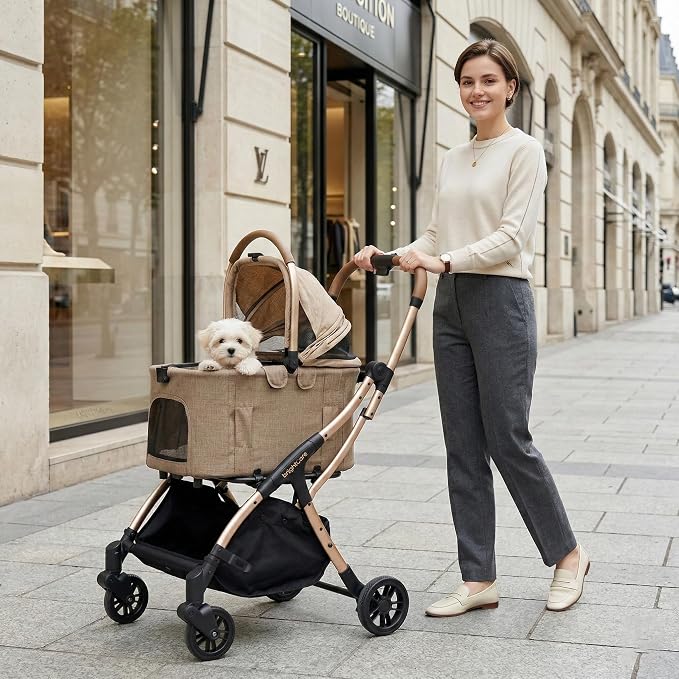 Auto-Folding Pet Stroller with Detachable Carrier, One-Hand Fold Frame & Carrier, Supports up to 33 lbs, Beige