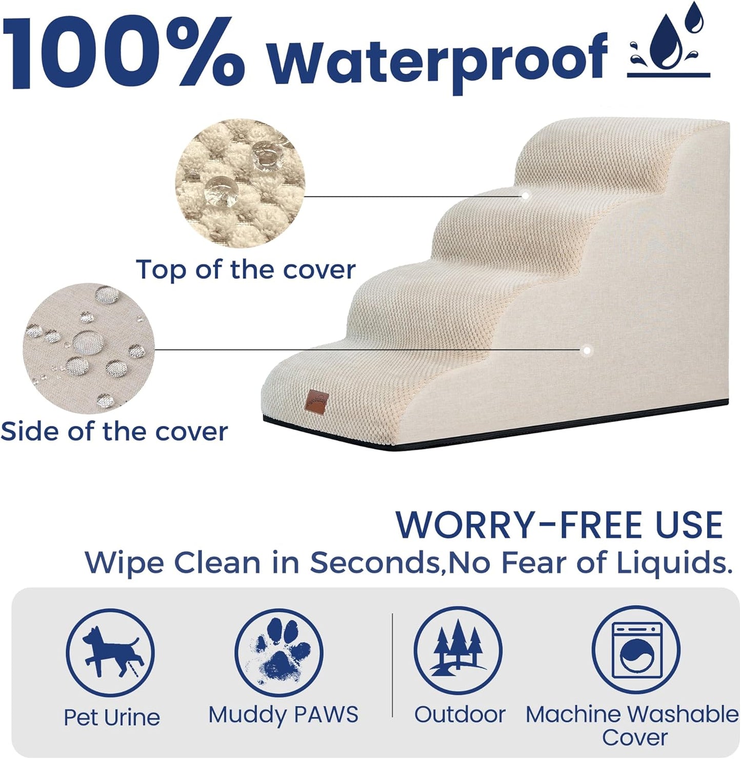 GoGoBunny Waterproof High Density Foam Curved Dog Stairs for High Beds Couches 19.7" H, 4-Step Ramp Dog Steps Friendly to Small Medium Dogs or Pets Joints, Non-Slip Balanced Durable Pet Step, Beige