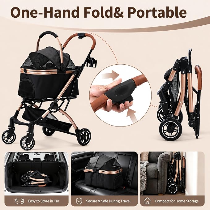 Dog Strollers for Small Medium Dogs and Cats 45 lbs, 3-in-1 Pet Stroller with Removable Carrier, 4 Wheels One-Hand Fold Travel Carriage with Storage, Cup Holder and Car Seat, Black