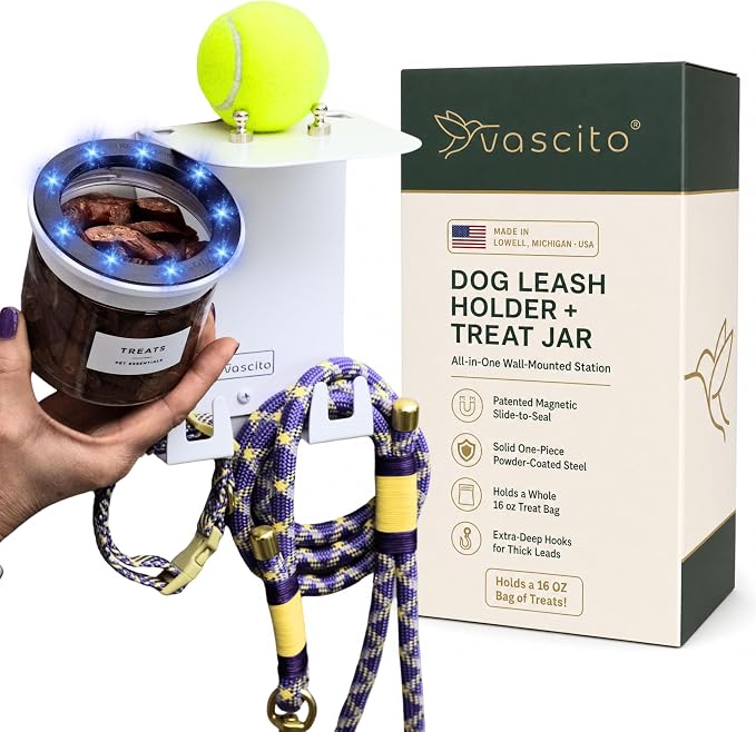 Dog Leash Holder for Wall with Shelf — Wall Mounted Dog Treat Holder & Station, 1 Airtight 16oz Treat Container, 6 Hooks, Patented Lidless Slide-to-Seal Jar, Solid Steel, Made in USA, White