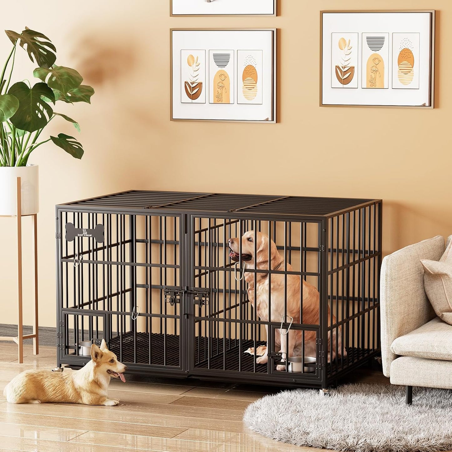 54 inch XL Dog Crate for Large Dog/Double Medium Dogs,Heavy Duty Metal Dog Cages,All Metal Open Top,Dog Kennel Indoor with Wheels,Floor Grid, Tray, Divider and Feeding Bowl