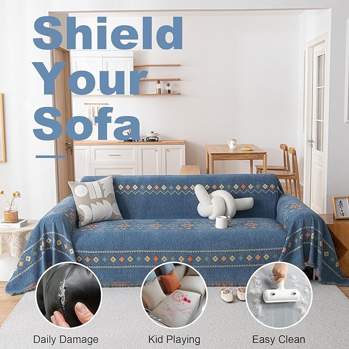 VClife Boho Couch Cover Blue Geometric Jacquard Pattern Sofa Cover, 1 Piece Large Couch Covers for 2 Cushion Couch Sofa Washable Plush Chenille Sofa Protector for Living Room, 71x118 Inch