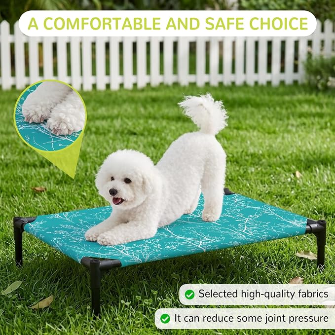 Outdoor Elevated Dog Bed for Medium Dogs, Teal Botanical Breathable Cooling Raised Dog Cot for Indoor/Outdoor, Vintage Floral Plants Branch Waterproof Elevated Pet Beds, M 24 x 20 in