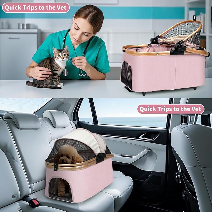 Double Pet Stroller for Dogs and Cats: Dog Stroller Foldable Travel Carriage with Detachable Carriers, Safety Belts, and 4 Lockable Wheels for Small to Medium Pets – Ideal for Multi-Pet Homes (Pink)