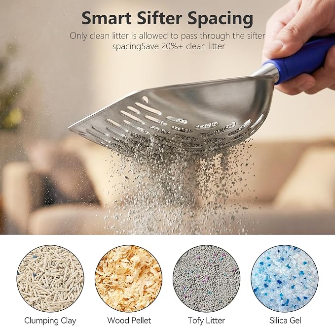 Cat Litter Scoop, Kitty Metal Scooper with Long Handle | Heavy Duty Aluminum Deep Sifter, Rustproof Durable Kitten Poop Shovel for Travel & Small Litter Box