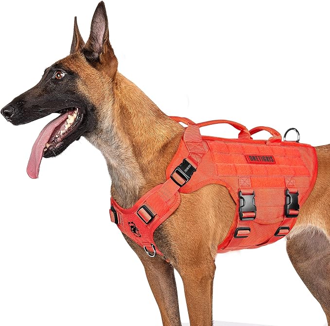 OneTigris Large Tactical Dog Harness, No Pulling Adjustable Dog Vest Harness, Heavy Duty Dog Harness with Handle, Large Hook and Loop Panels for Patch(Orange,S)