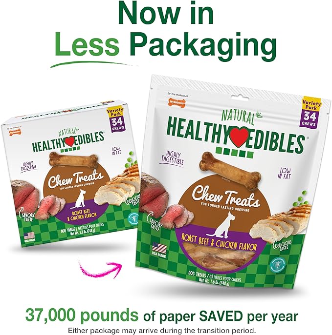 Nylabone Healthy Edibles Natural Dog Chews, Long Lasting Bones for Dogs, Roast Beef & Chicken Flavor Dog Treats, X-Small (34 Count)