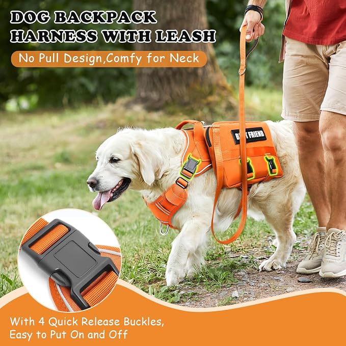 Dog Backpack Harness and Leash Set for Large Dogs Orange XL | Removable Side Pockets Dog Vest with Padded Handle&MOLLE,No Pull Front&Back Metal Clips for Hiking Training Walking Hunting