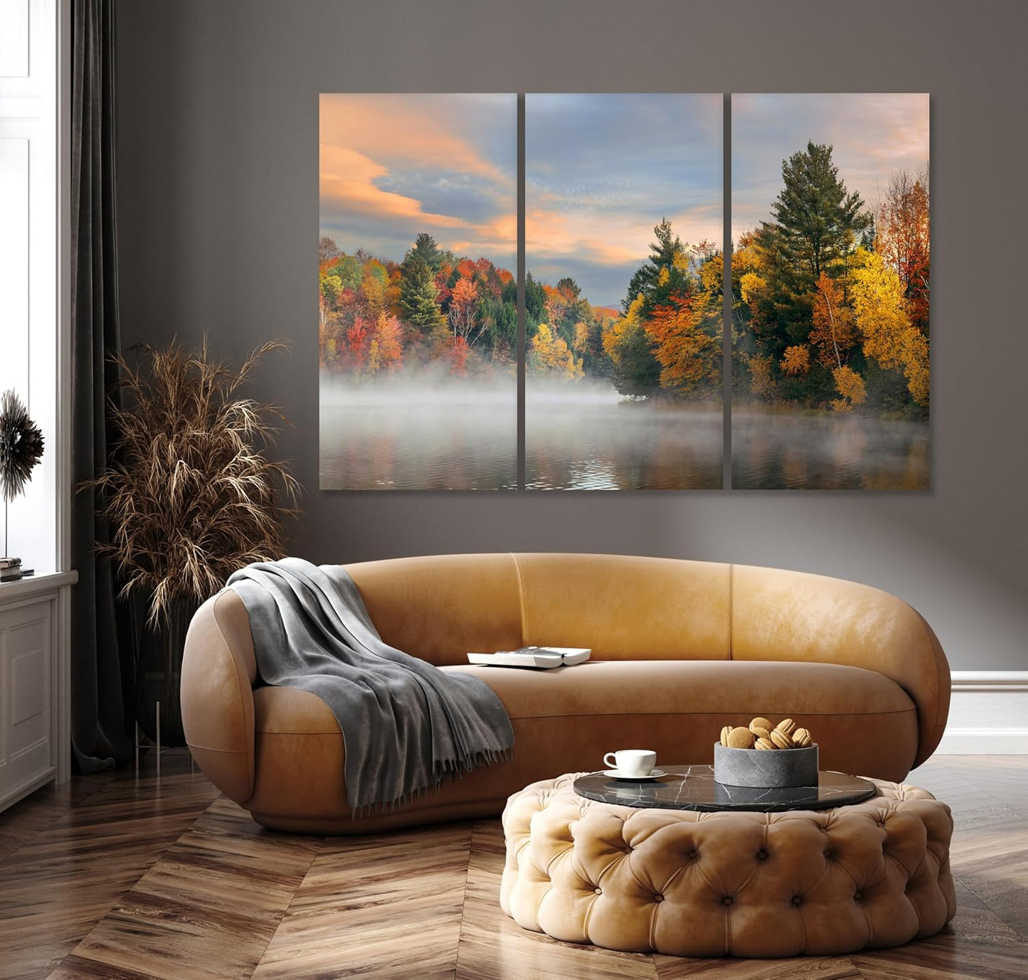 Nature Wall Art Prints - Ocean Forest Mountain Lake Canvas Landscapes - Small to Extra Large Living Room Bedroom Kitchen Bathroom Décor (Misty Fall Reflection, 39L" x 59W" - 3 Panels)