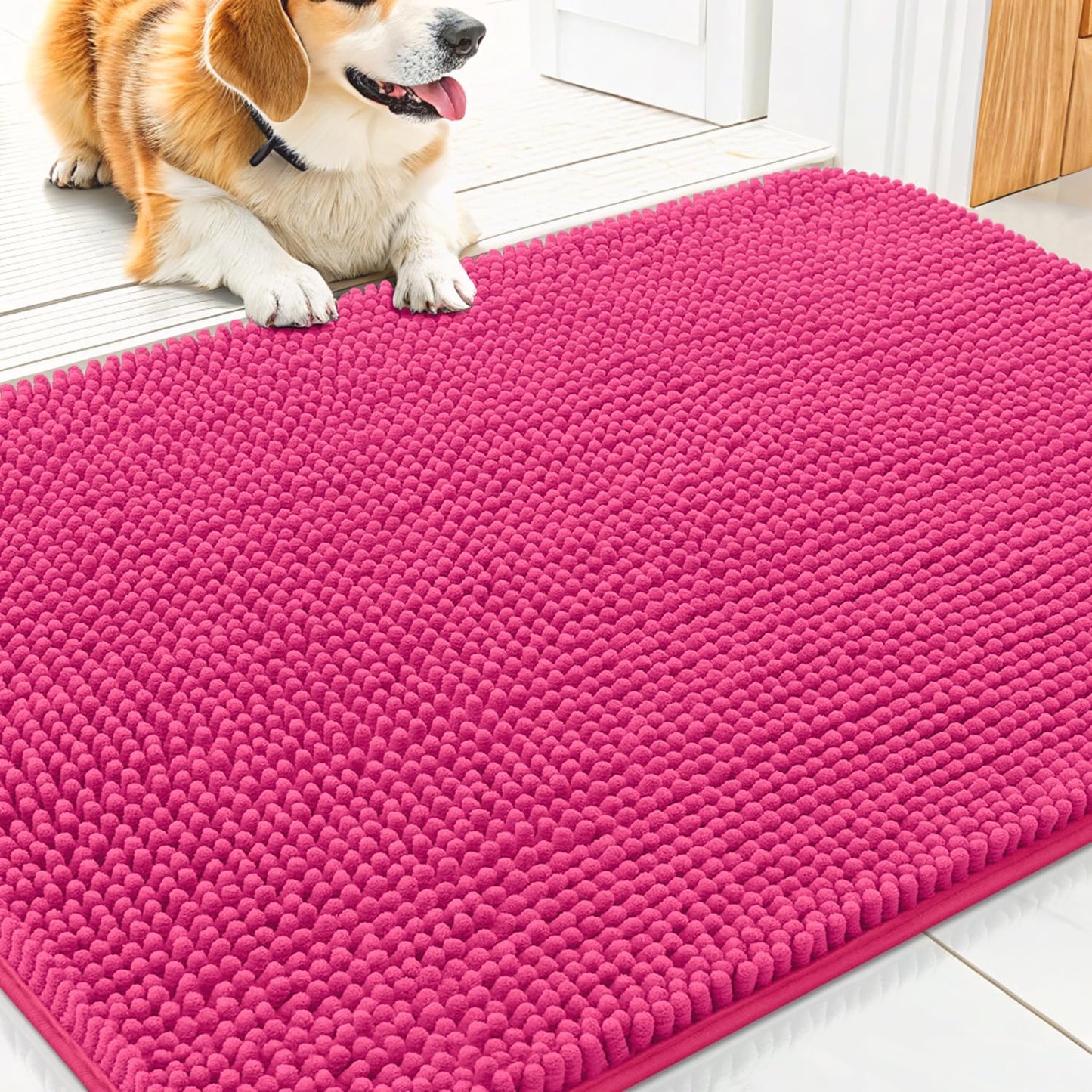 Smiry Dog Door Mat for Muddy Paws 30x20, Absorbs Moisture and Dirt Doormat, Non-Slip Washable Quick Dry Chenille Front Door Mat Indoor Entrance, Entryway Carpet for Inside Floor, Hot Pink