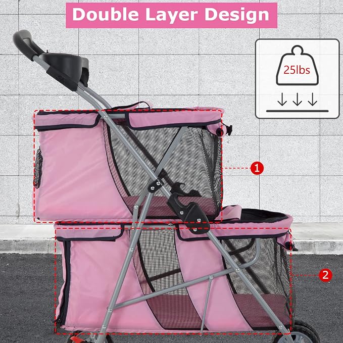 Double Layer Dog Stroller for 2 Small Dogs/Cats, 4 Wheels Pet Jogger With Removable Liner, Storage Basket, Rear Wheel Break - Folding Double Decker Portable Crate