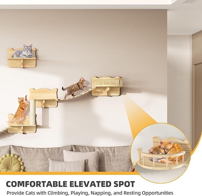 Cat Wall Shelves, 9-in-1 Wood Cat Wall Furniture Set, Burlywood | Cat Climbing Systems for Space-Saving, Wall Mounted Cats Shelves for 16 Inch Drywall, with Scratching Posts, Bridge, Condos