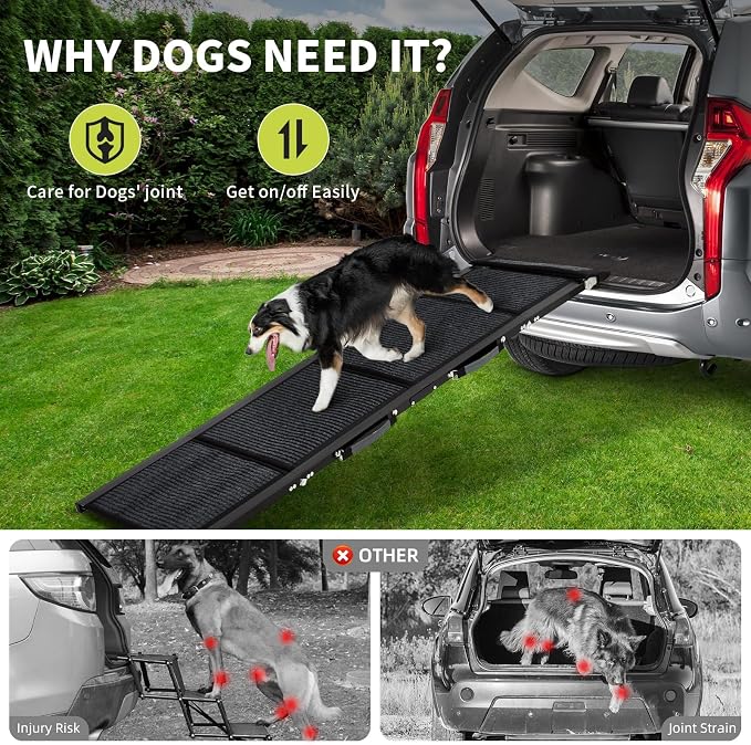 GarveeLife 63 in Long Dog Ramp for Cars, 20 in Wide Folding Pet Ramp for Large Dogs with Non-Slip Surface Portable Dog Car Ramp for SUV Car & Truck, Outdoor Dog Ramp Up to 250 LBS