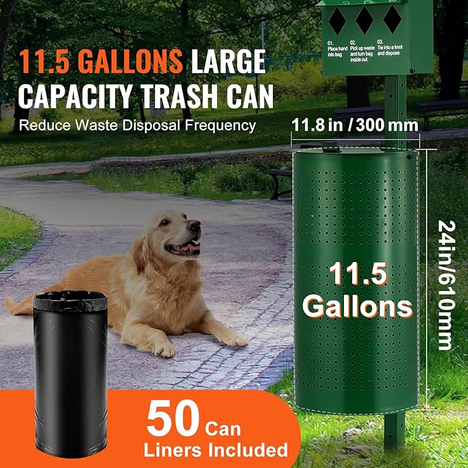 VEVOR Dog Waste Station, 11.5 Gallon Pet Waste Station with Hand Wash Bottle, Lockable Bag Dispenser, 50 Can Liners & 600 Waste Bags, Outdoor Pet Poop Station for Commercial Use, Parks, Backyard
