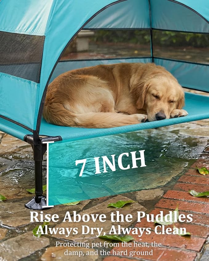 Elevated Dog Bed with Canopy - 3-Sided UV Protection Pet Tent with Wider Shade, Raised Cooling Outdoor Dog Cot with Breathable Mesh for Medium Large Dogs, Portable Pet Bed for Camping, Patio (Aqua, L)