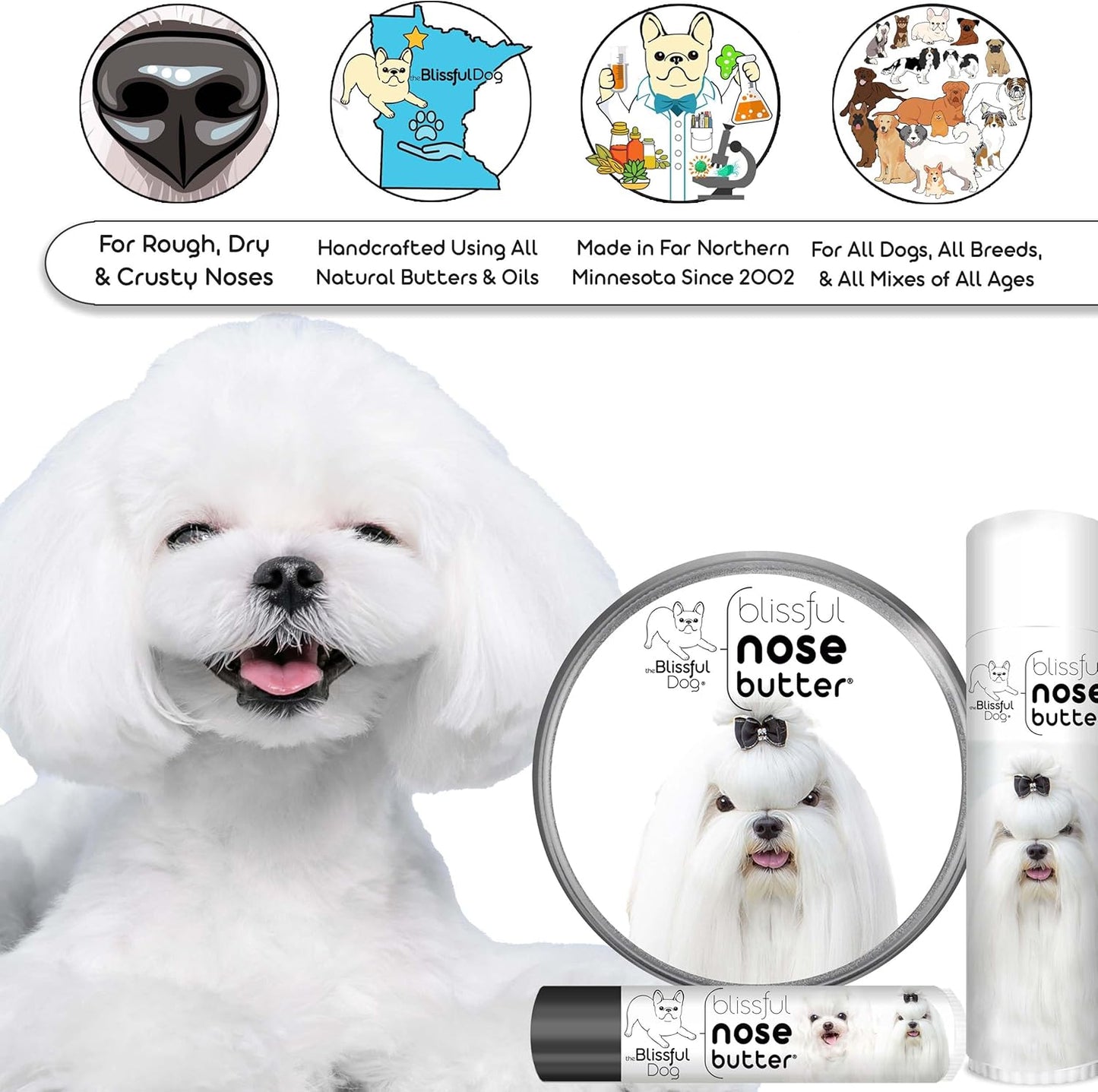 The Blissful Dog Maltese Nose Butter for Dry, Cracked Skin, Lick-Safe Dog Nose Balm with Moisturizing Shea Butter, Almond, Olive, and Essential Oils, Pet Supplies, Uncented, 0.50 oz.