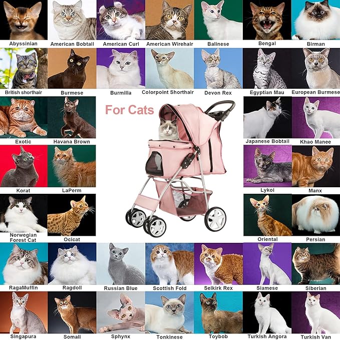 Pet Stroller for Small Dogs and CatsQuick-Folding Portable Travel Cat Dog Stroller with Storage Basket and Cup Holder, 4 Wheels, Light Pink