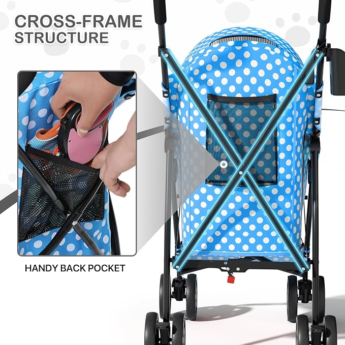 MoNiBloom 4 Wheels Pet Stroller, Easy-Fold Umbrella Shaped Dog Cat Jogger Stroller w/Storage Bag & Visible Mesh for Small/Medium Dogs Cats Sky Blue Polka Dots