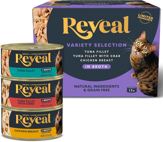 Reveal Natural Wet Cat Food, 12 Count, Grain Free, Limited Ingredient Canned Food for Cats, Fish and Chicken Variety in Broth, 2.47 oz Cans