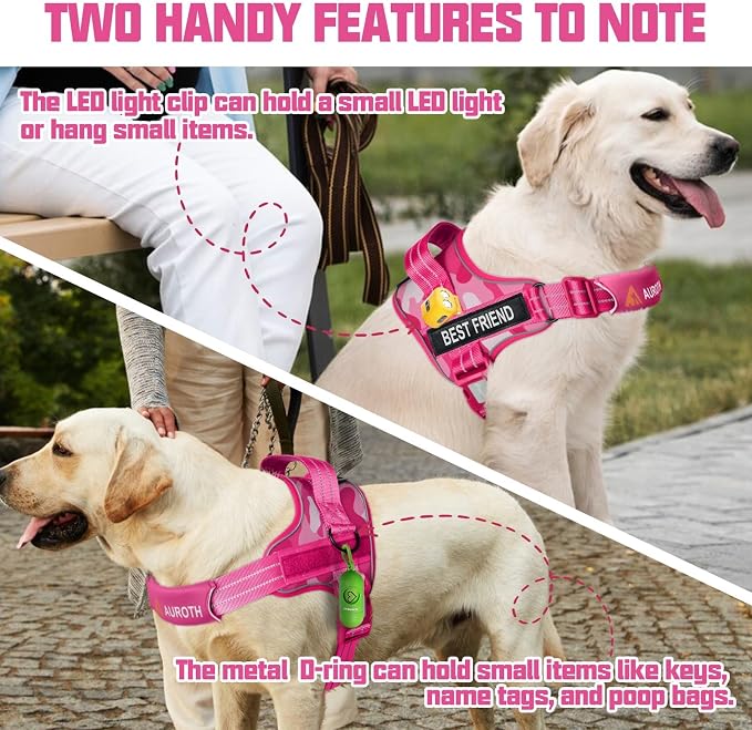 AUROTH Dog Harness for Large Dogs No Pull Tactical Harness and Leash Set | with Leash Clips, LED light clip, Breathable Mesh Padded No Choke, Easy Walking and Training, Pink Camo, Large